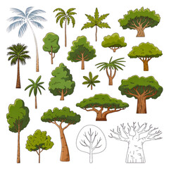 Fototapeta premium Mega Global Tree Vector Asset Collection, Diverse Set of Forest, Tropical, Silhouette, and Stylized Flora