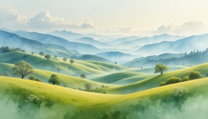 Dreamy Misty Morning Rolling Green Hills Landscape