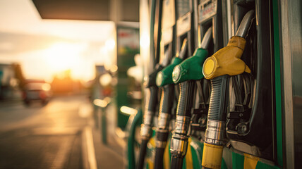 Fuel Dispenser Unit with Green and Yellow Nozzles in Sunlit Scene