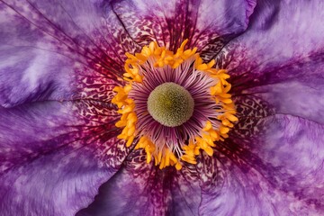 The purple anemone flower shows a captivating close up with bright yellow stamens