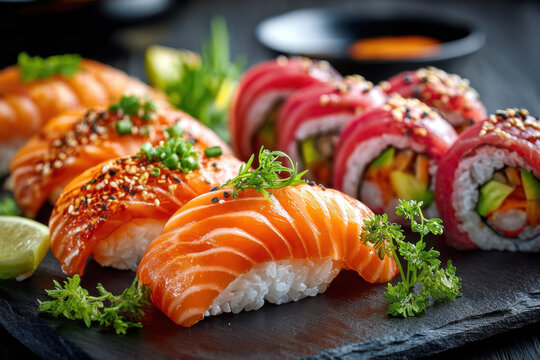 Assortment of colorful sushi rolls and nigiri