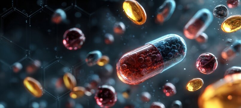 Futuristic Panorama of Vitamins and Minerals with Hexagonal Tech Blueprint
