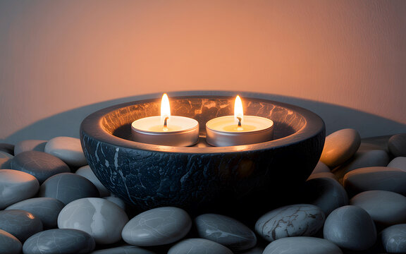 Two lit tea light candles in a dark stone bowl surrounded by smooth grey pebbles