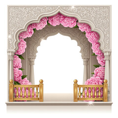 Intricate White Archway with Pink Peonies and Gold Balustrade graphic design isolated on a transparent background