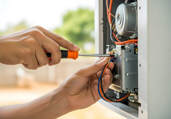 Technician repairing electrical wiring in HVAC unit outside | Professional HVAC maintenance and service worker hands | Electrician connecting colored wires with screwdriver | Home appliance or heating