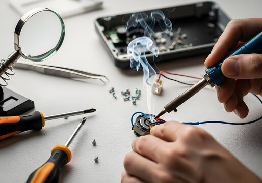 Close-up of hands soldering wires on small electronic component | Repairing circuit board with hot iron and rising smoke | Professional electronics technician workspace with tools