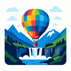 Colorful Hot Air Balloon Flying Over Mountain Waterfall And River Adventure Scene
