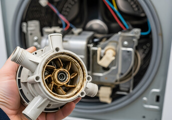 Dirty clogged washing machine circulation pump impeller | Washing machine drain pump replacement guide | Appliance maintenance and troubleshooting dirty parts | Repair technician holding broken washer