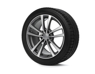 Fototapeta premium Isolated view of a modern car wheel, showing the tire, rim, and hubcap against a white background