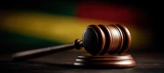 Macro Shot of Gavel with Ethiopian Flag Colors in Background