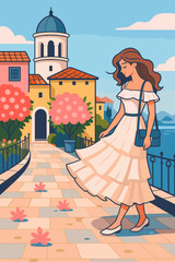 Beautiful Woman In White Dress Walking Through Scenic Mediterranean Coastal Village Street
