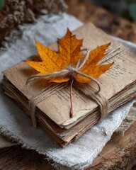 Fall Gratitude Journal A rustic collection of old books tied with twine and adorned with a dried leaf.