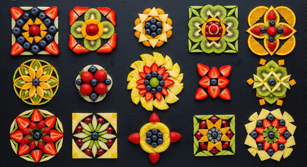 Vibrant Geometric Mandalas Crafted from Fresh Sliced Fruit
A spectacular flat lay, overhead shot featuring a grid arrangement of fifteen meticulously crafted geometric patterns