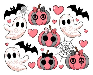Cute halloween characters with ghosts pumpkins bats and hearts