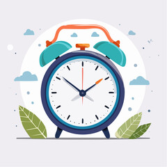 Stylish blue alarm clock illustration with decorative leaves and clouds, symbolizing time management and punctuality