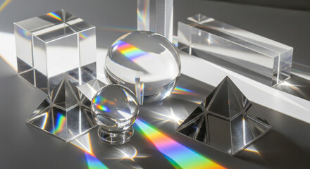 Crystal Geometry: Capturing the Beautiful Dispersion of Light
A stunning, high-contrast studio photograph featuring an array of clear glass or crystal geometric shapes—including cubes