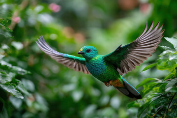 Fototapeta premium Green Broadbill MidFlight in Lush Foliage