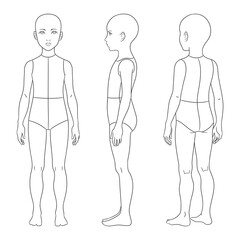 A clean vector line-art template of a 6&ndash;7-year-old girl shown in front, side, and back views. Ideal for children&rsquo;s clothing design, pattern drafting, fashion sketches, and product illustration.