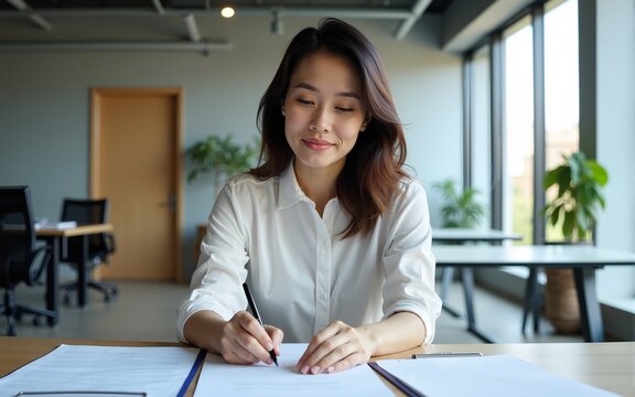 Middle age asian woman working on documents data at contemporary office. High quality