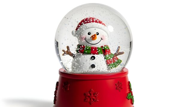 Festive snowman inside a glass snow globe, cheerful winter holiday decoration, isolated on transparent background
