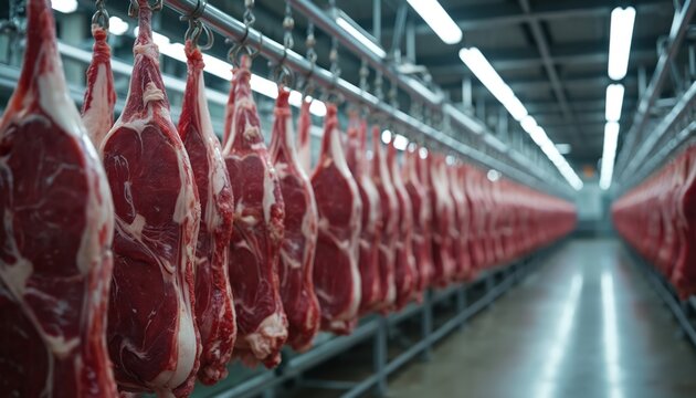 Many rows of fresh beef carcasses hang from metal hooks. Large well lit refrigerated cold storage facility visible. Modern meat processing plant handles slaughtered animals. Food factory ensures high