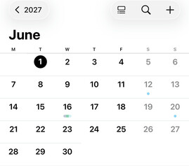 June 2027 Calendar Page: A modern calendar page displays the month of June in the year 2027, featuring a clean layout.