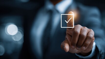 Businessman hand touching digital check mark for confirmation