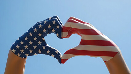 American flag painted hands forming heart shape