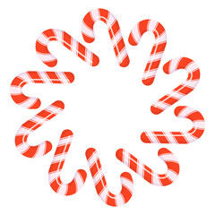 Festive wreath made of red and white candy canes arranged in a circular shape. Ideal for Christmas decor, labels, packaging, stickers and holiday graphics.