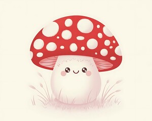 Cute cartoon mushroom with red cap and white spots smiling