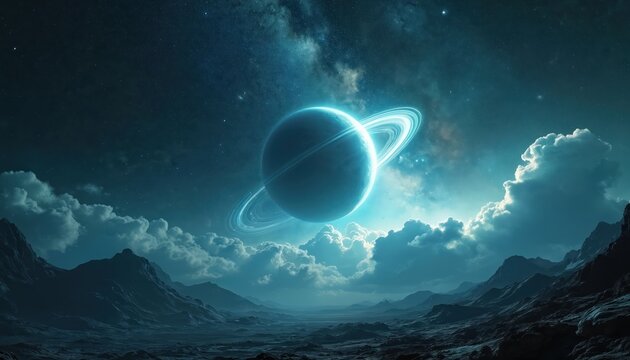 Planet with rings floats above rocky landscape under starry night sky with clouds. Cosmic scene depicts alien world, galaxy exploration and space travel concept.