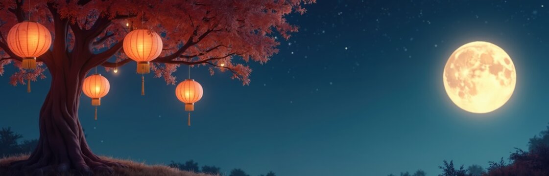 Night scene with full moon over landscape with tree and lanterns. Orange red lanterns hung on branches of tree. Mid Autumn Festival celebration background with light. Serene moonlit night sky view. - Powered by Adobe
