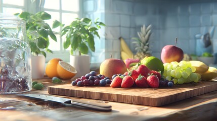 Frisches Obstarrangement auf Holzuntergrund in moderner Küche
