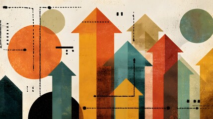 Abstrakte Wachstumsgrafik mit bunten Pfeilen und geometrischen Formen
