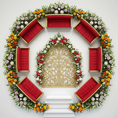 Ornate Golden Wedding Arch Surrounded by Red Sofas and Flowers (61) card isolated on a transparent background