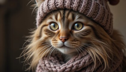Fototapeta premium Fluffy cat in cozy knit hat and scarf looking charming and warm indoors Generative AI