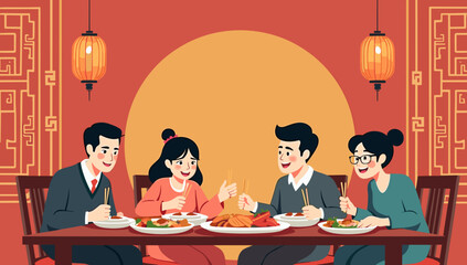 A family enjoys traditional dishes at a festive lunar new year dinner celebration atmosphere