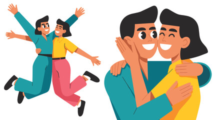 Cheerful flat vector illustration showing a diverse millennial couple or best friends hugging, jumping, and celebrating their close relationship and friendship with joy, a modern graphic asset emphasi
