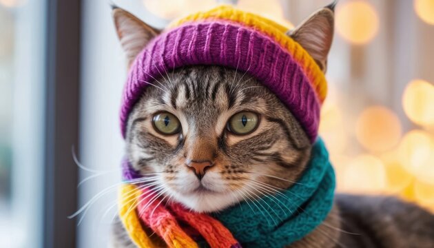 Playful cat wearing colorful hat and scarf near warm indoor lights Generative AI