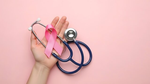 Pink ribbon and stethoscope in hand for breast cancer awareness on pink - Powered by Adobe