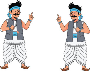 Cartoon Indian characters, traditional attire, dhoti, vest, headband, mustache, pointing gesture, mirrored illustration, cultural t