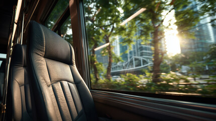 Modern electric bus seat with sunlight streaming through window, urban cityscape, green trees, comfortable and peaceful travel