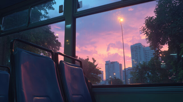 Interior of electric bus with two empty blue seats, cityscape and buildings outside window, vibrant sunset sky, peaceful urban evening