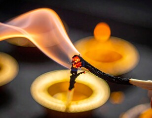 A close-up shot of a burning matchstick igniting the wick of a small candle creating a warm glow