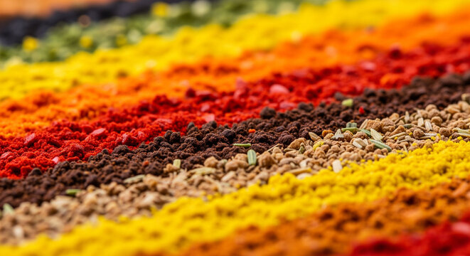 Vivid Diagonal Stripes of Ground Spices and Colorful Powders.
An extremely vibrant, close-up, and full-frame photograph showcasing parallel, diagonal stripes of various ground spices