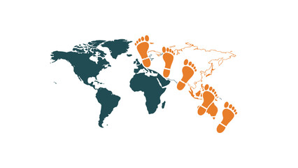 Fototapeta premium A blue graphic illustration of people standing around a globe on a white background with a swoosh design element.