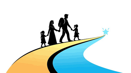 A blue graphic illustration of people standing around a globe on a white background with a swoosh design element.