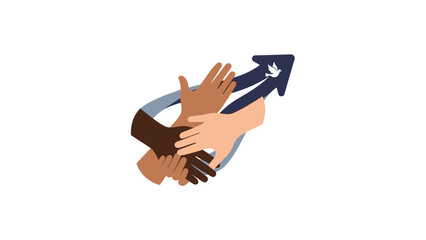 A blue graphic illustration of people standing around a globe on a white background with a swoosh design element.