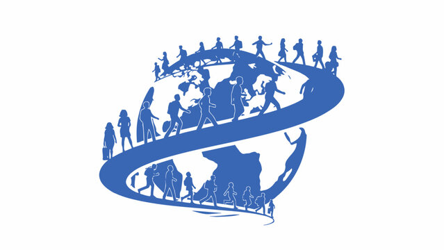 A blue graphic illustration of people standing around a globe on a white background with a swoosh design element.