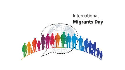 Naklejka premium A colorful illustration of diverse people standing on a curved line with a speech bubble and globe behind them, celebrating International Migrants Day on a white background with vibrant